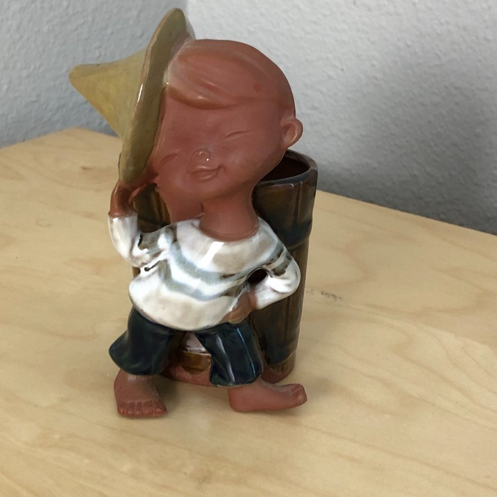Vintage Clay Planter Sweet Boy with Hat or Trinket Holder Hand Painted 6"
